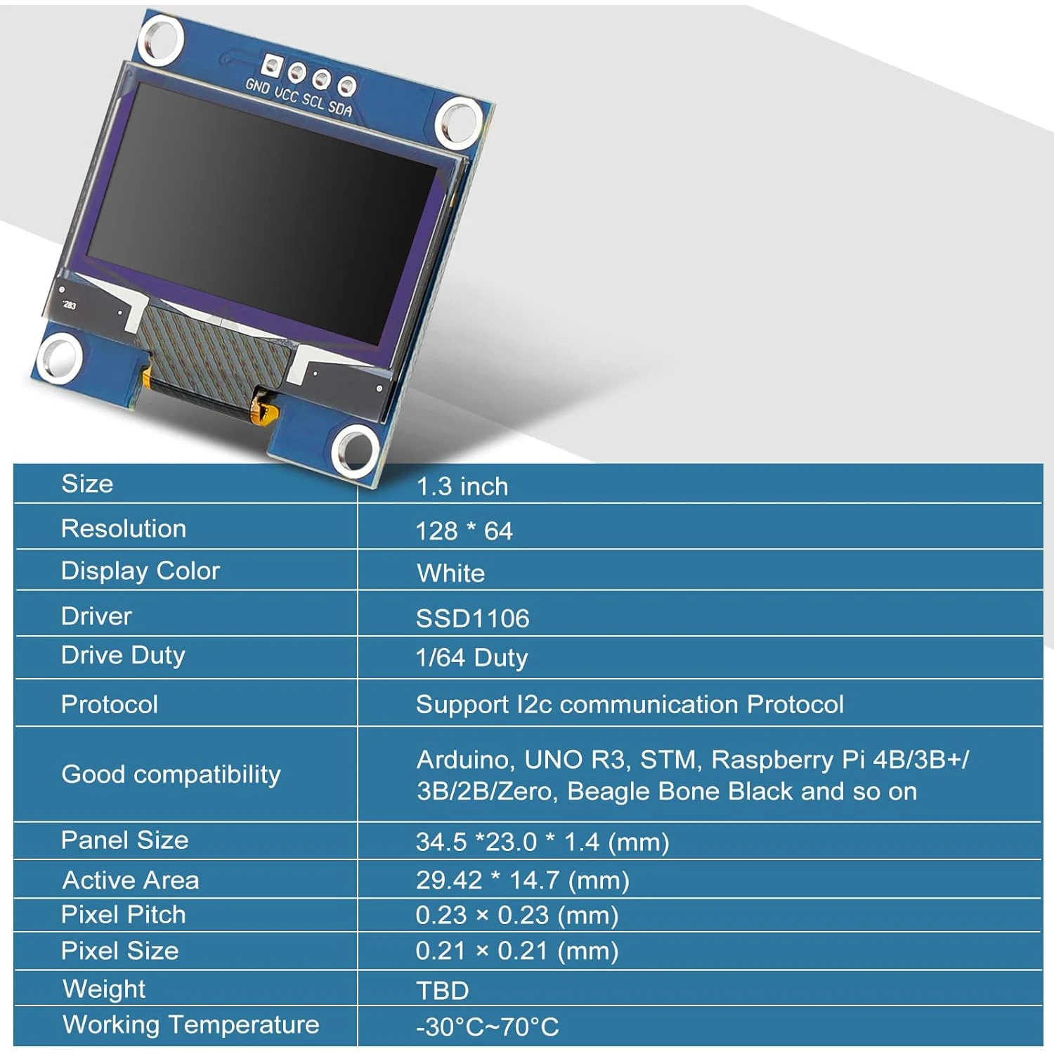 1pcs Blue/white 1.3 Inch IIC I2C OLED Display Module 128x64 Pixel SH1106 Screen Module Compatible with Arduino/Raspberry Pi