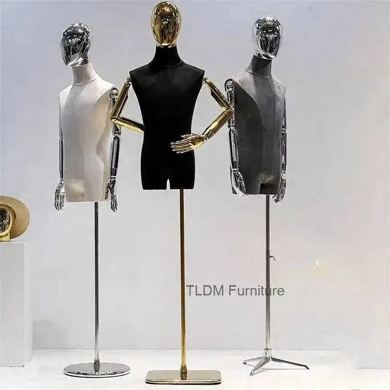 Half-length Manikin Torso with Silver Head Korean High-end Clothing Store Velvet Mannequin with Male Metal Base Display Model W