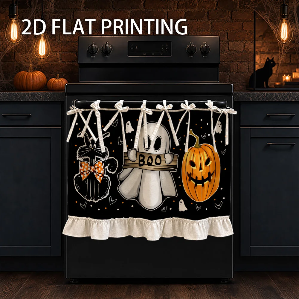 1PC Kitchen stove Curtain, Cabinet Curtain, Apron. Featuring a 2D graphic print design with ghost, black cat and pumpkin motifs.