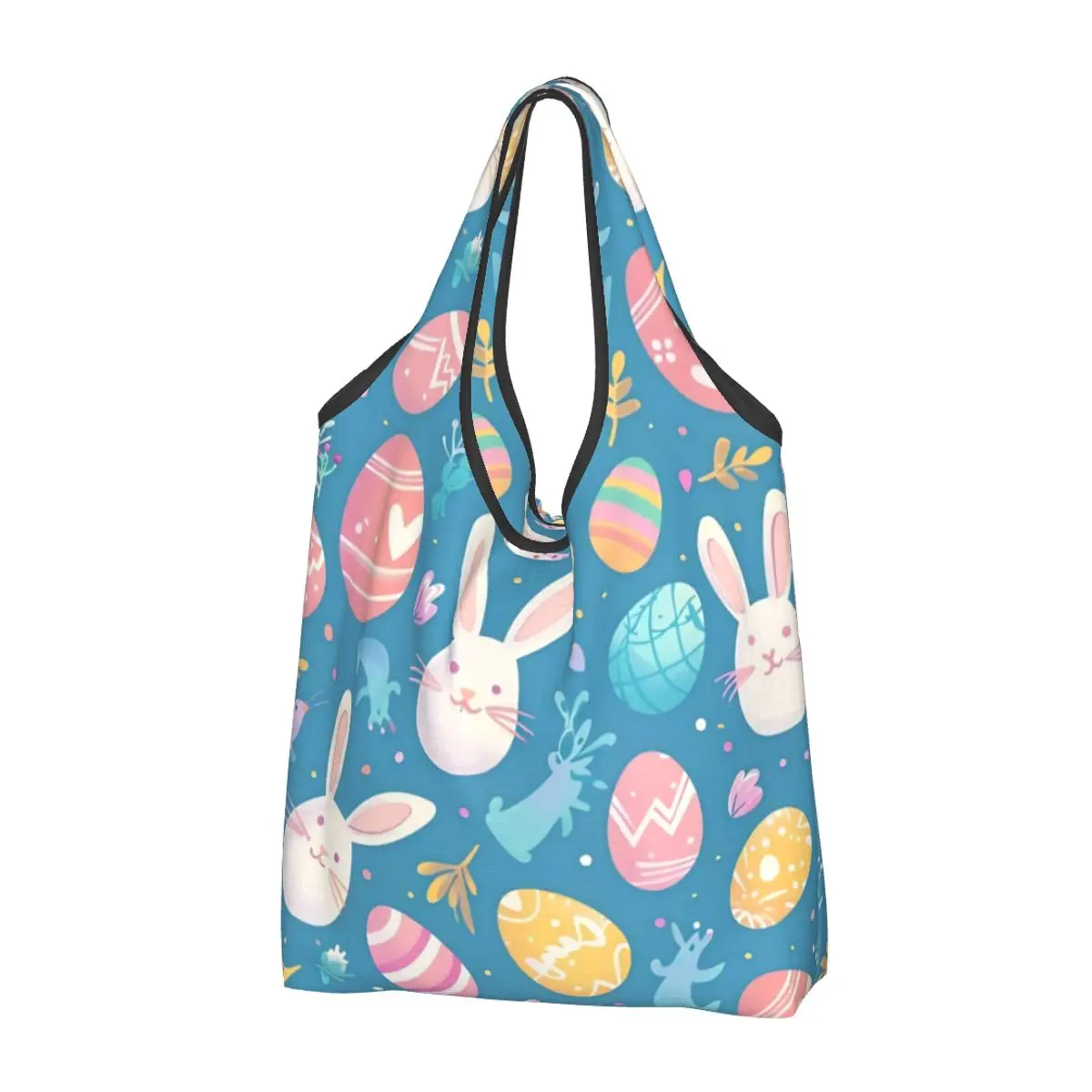 Happy Easter Eggs Grocery Bags Durable Large Reusable Recycle Heavy Duty Rabbit Shopping Tote Bag Washable Attached Pouch