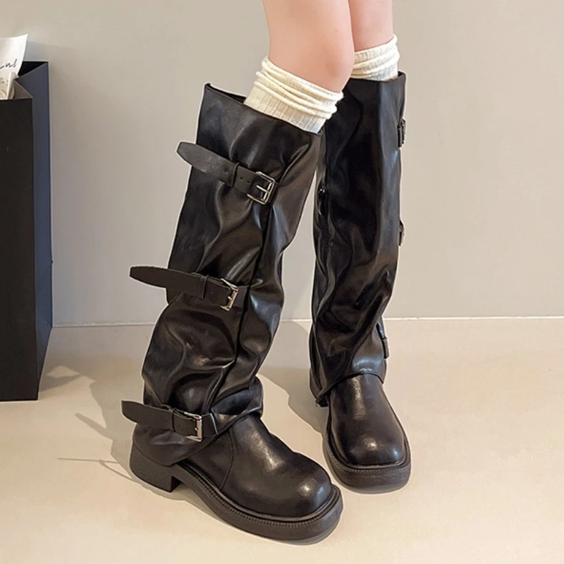 

Designer 2025 New Women High Boots Sexy Chunky Chelsea Leather Shoes Mid Calf Boots Winter Pleated Fashion Buckle Botas Mujer