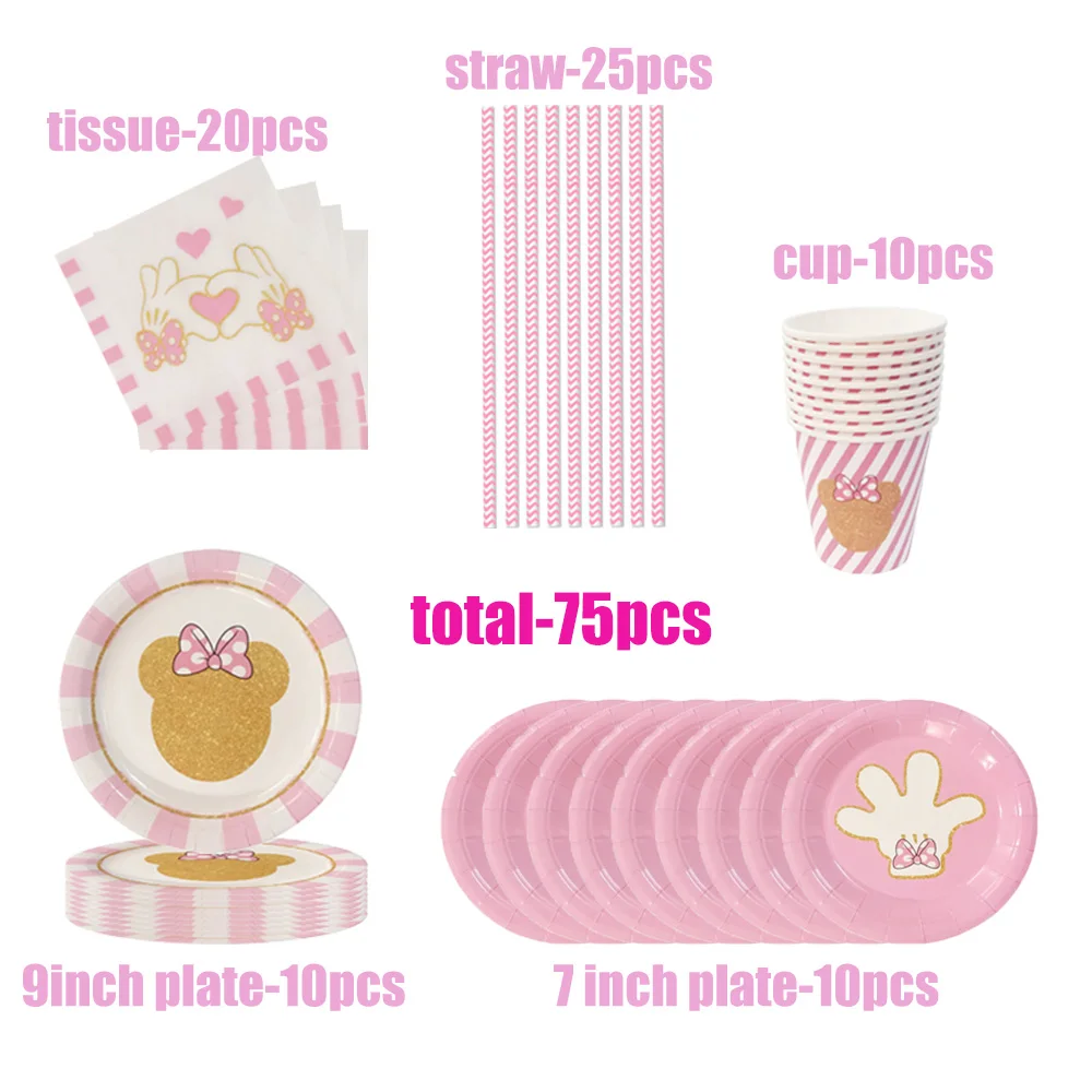 New Disney Pink Minnie Mouse 1st Birthday Party Disposable Tableware Decoration Baby Girls\' Favorite Party Decoration Series