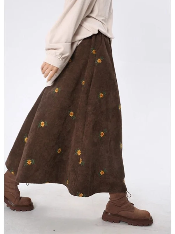 Retro Japanese Style Embroidered Corduroy A-Line  Skirt Women's Autumn Winter Matching Sweater Coffee Floral Print Long S...