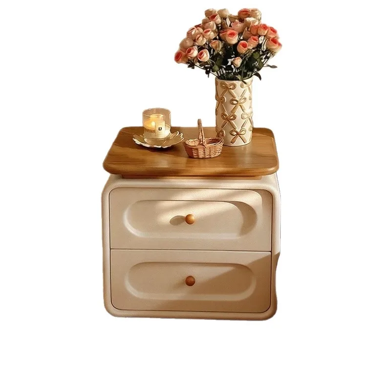 Solid Wood Side Cabinet French Cream Tone Light Luxury Small Storage Nightstand Bedroom Decor