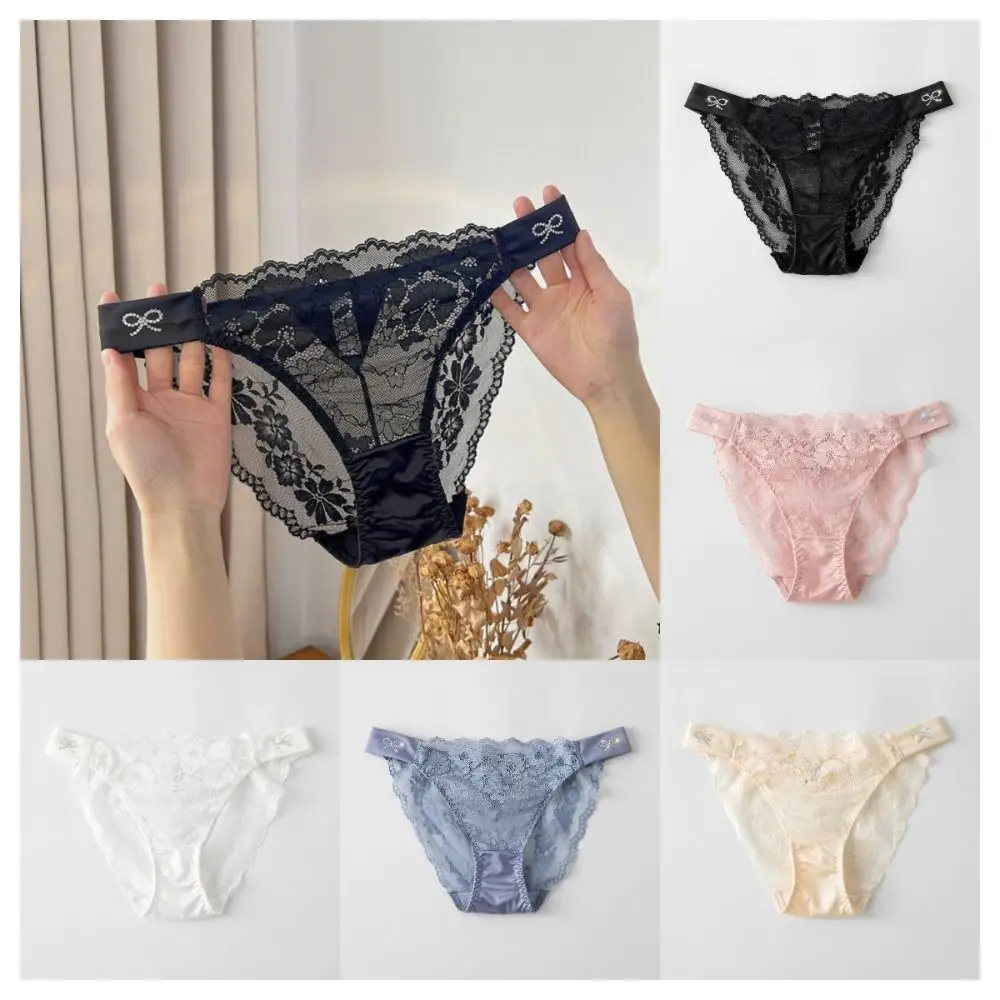 

Fashion Mid Waist Floral Lace Panties Transparent Underwear Rhinestone Mesh Briefs Seamless Ultra-thin Women's Underpants Girls