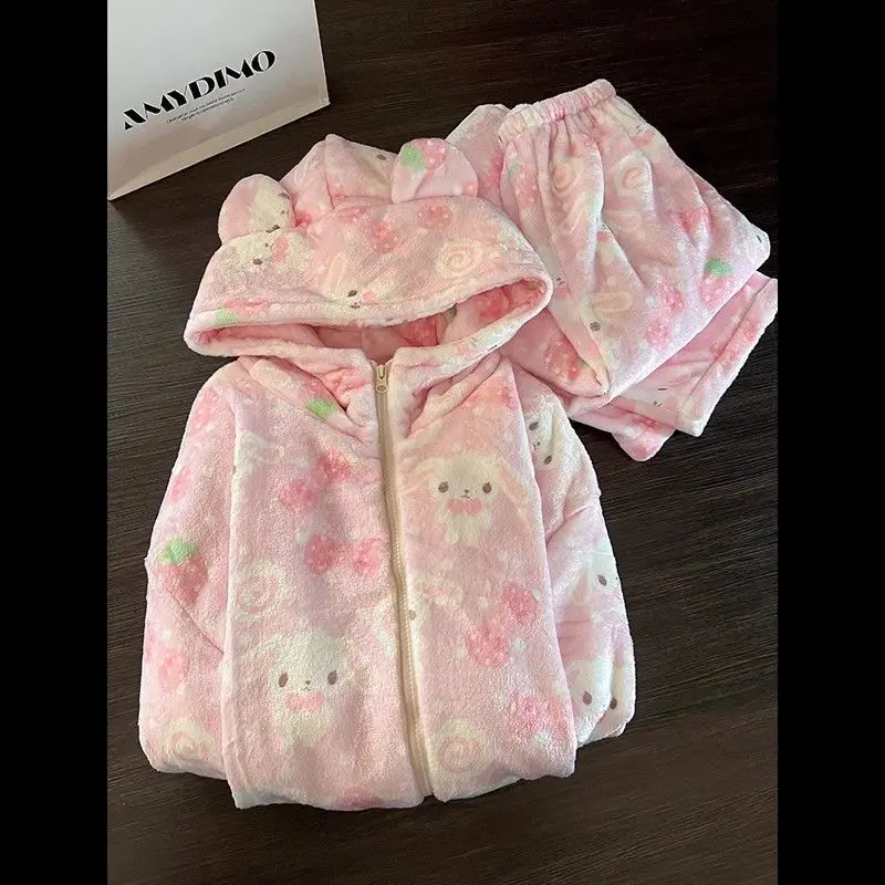 Winter Girl Cartoon Pajamas Cute Rabbit Pattern Hooded Zipper Fleece-Lined Thicken Keep Warm Comfortable Homewear Two-Piece Set