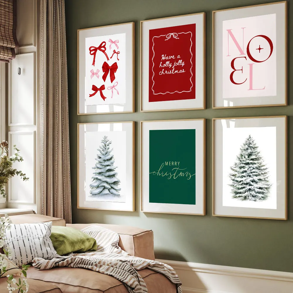 Set of 3 Christmas Snowy and Pink Jolly Christmas Poster Canvas Print Painting Wall Art Bedroom Study Studio Living Room Decor