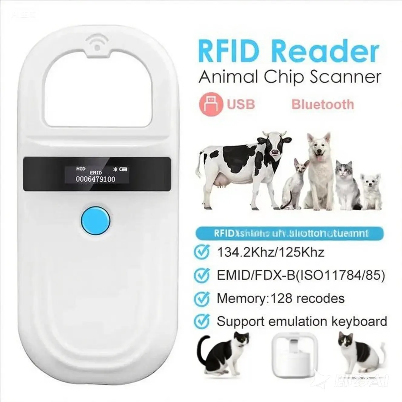 5YOA Handheld Animal RFID Reader 134.2Khz Pet Cat Dog Micro Chip Scanner FDX-B USB Bluetooth Glass Tag Reader