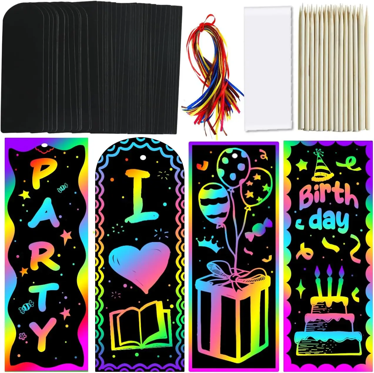

36 Pack Scratch Art Bookmarks for Kids, DIY Rainbow Craft Kit with Stylus & Ribbons, Party Favors, Classroom Gifts, Bulk Set