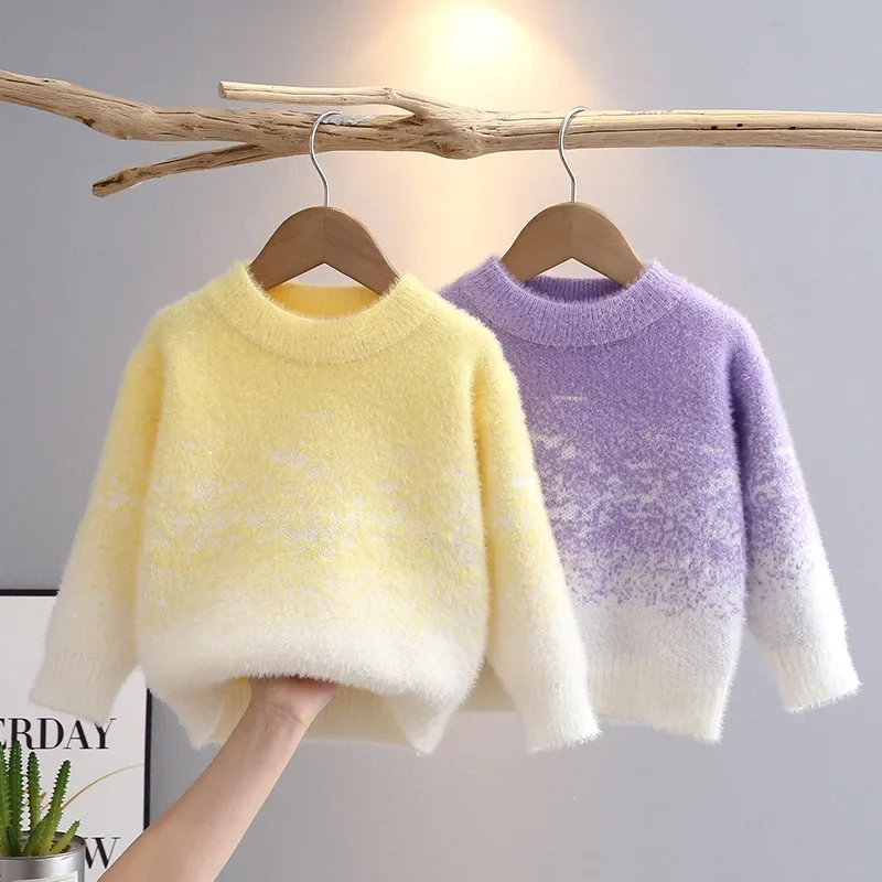 Fall Winter Baby Girls Sweater Bring Heat with Furry Looks Long Sleeve Little Girl Pullovers Jacquared Colorful Knitwear
