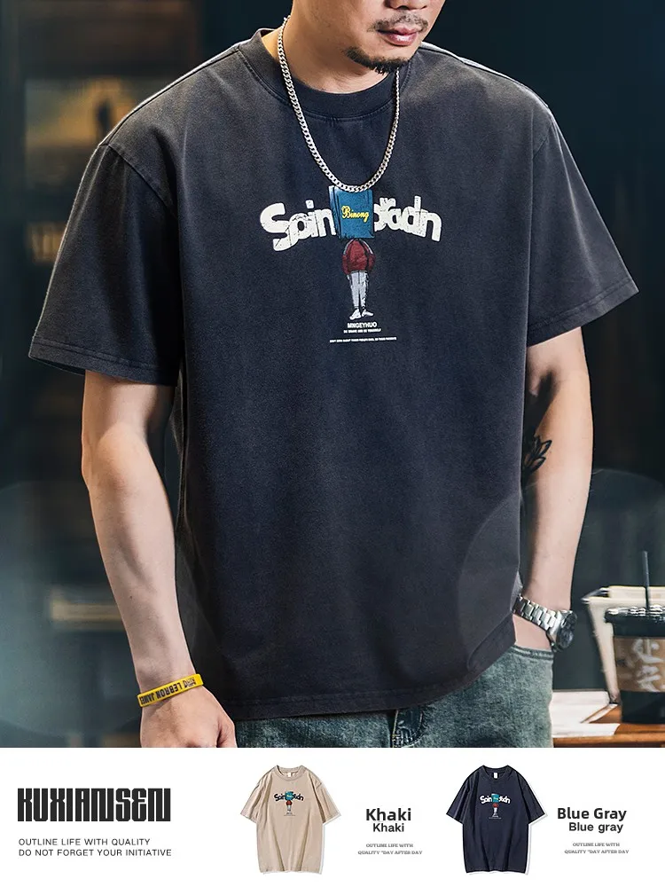 

Мужская футболка с коротким рукавом и круглым вырезом в стиле ретро с американским мультяшным принтом, летняя коллекция 2026, новый стиль, из чистого хлопка, свободного кроя, с эффектом потертости