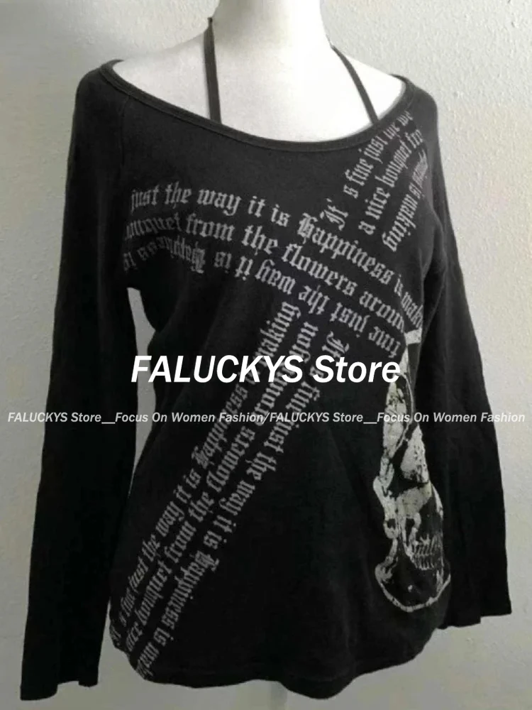 Vintage Gothic Streetwear T-shirt Woman Y2k Tops Harajuku Punk Japanese Tees O-neck Long Sleeve Camisetas Letter Print Tops New