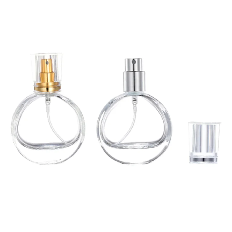 15Pcs Glass Spray Mist Bottle Gold Silver Spray Pump 25ml Flat Round Refillable Vials Cosmetic Packaging AtomizerPerfume Bottles