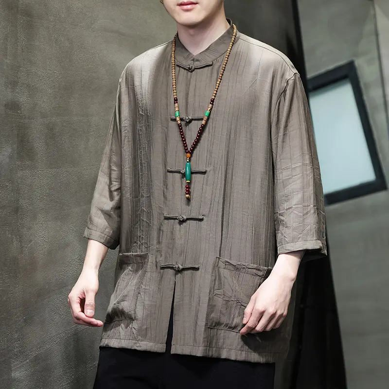 

2026 Men's Chinese Style Solid Color Frog Button Tang Suit Hanfu Shirt Loose Fit Plus Size Lightweight Breathable Spring Summer
