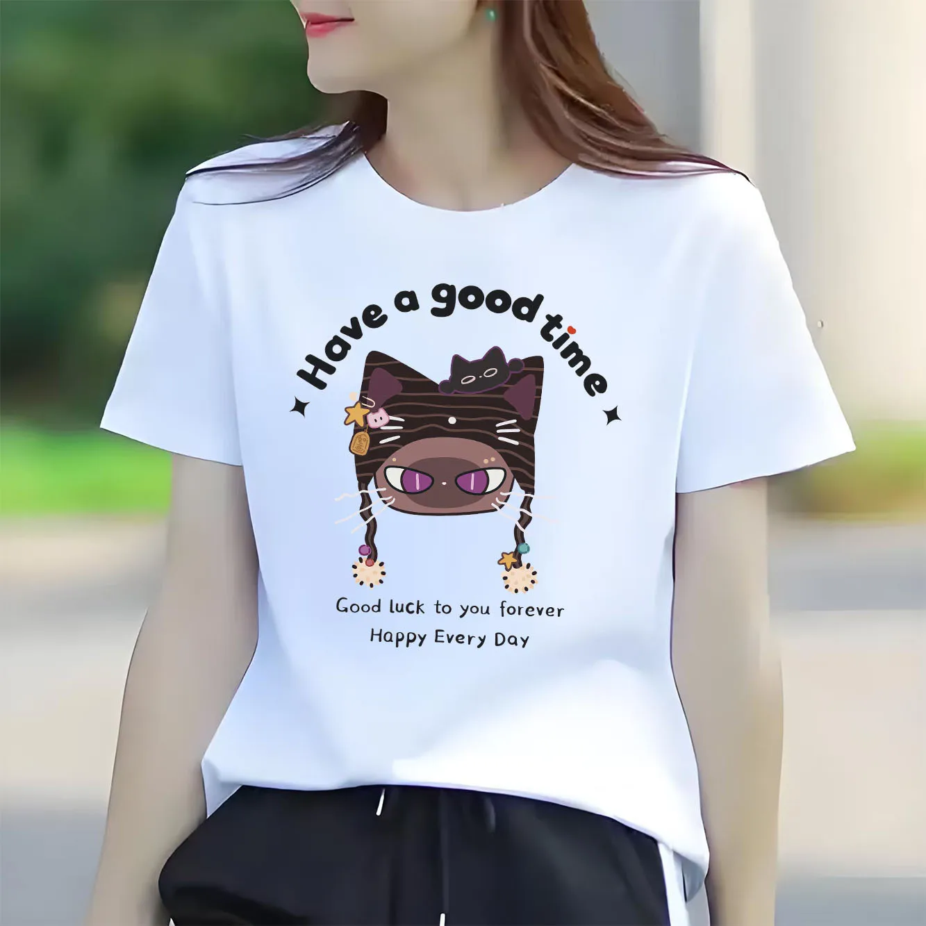 

Happy playing kitten letter printed women's short sleeved T-shirt summer round neck daily versatile