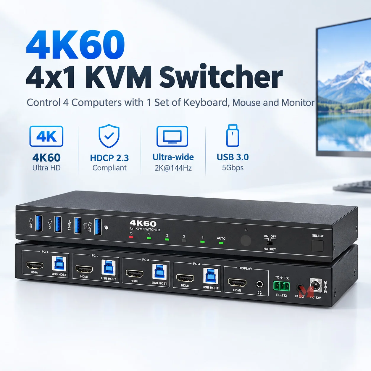 KVM Switch 4K60 4x1 HDMI 2.0 Switcher 4 In 1 Out seamless switching USB 3.0 Keyboard Mouse Monitor Control 4 PC