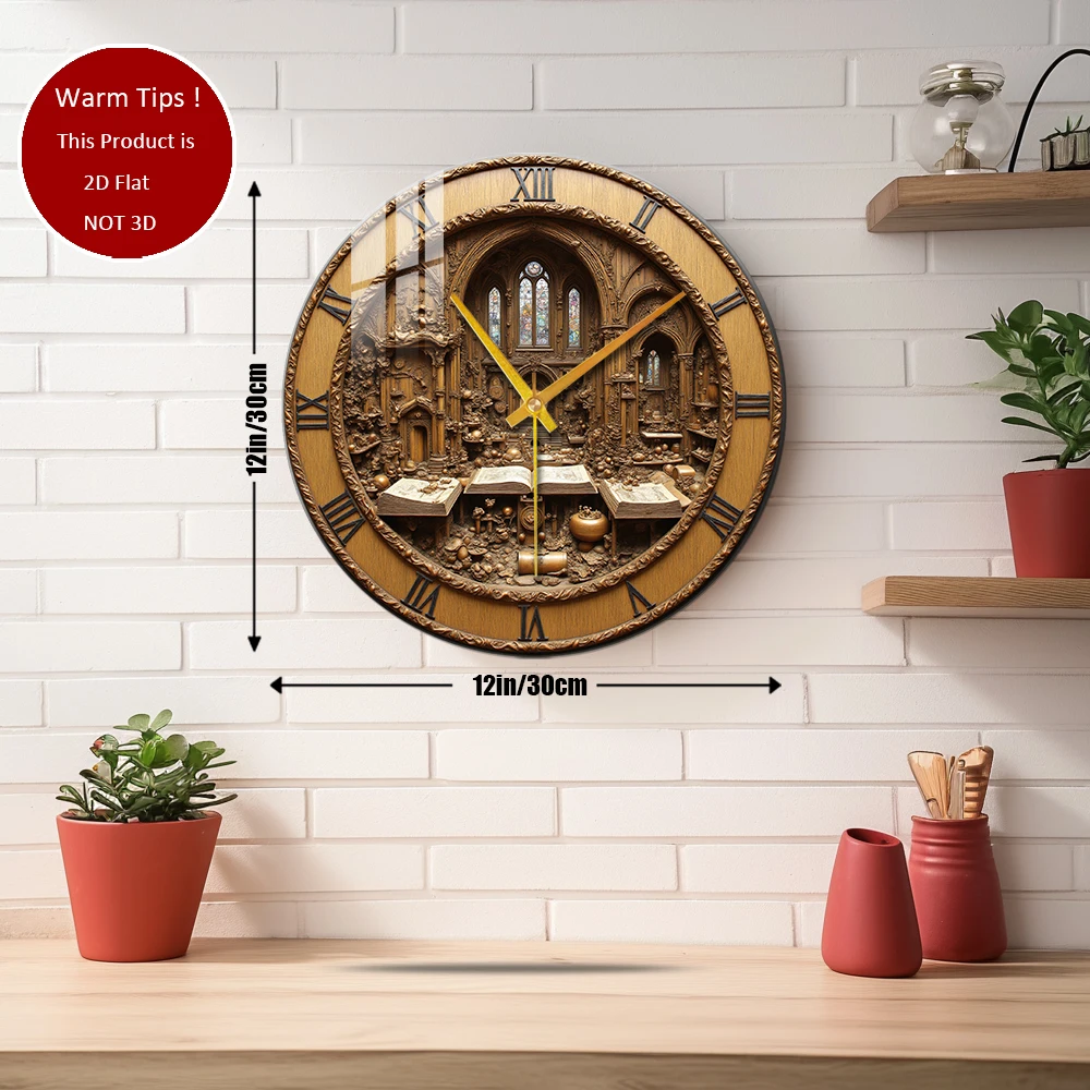 Tempered Glass Wall Clock Carved Wooden Clock with Gothic Library Scene Suitable For Wall Decor or Tabletop Display Anywhere