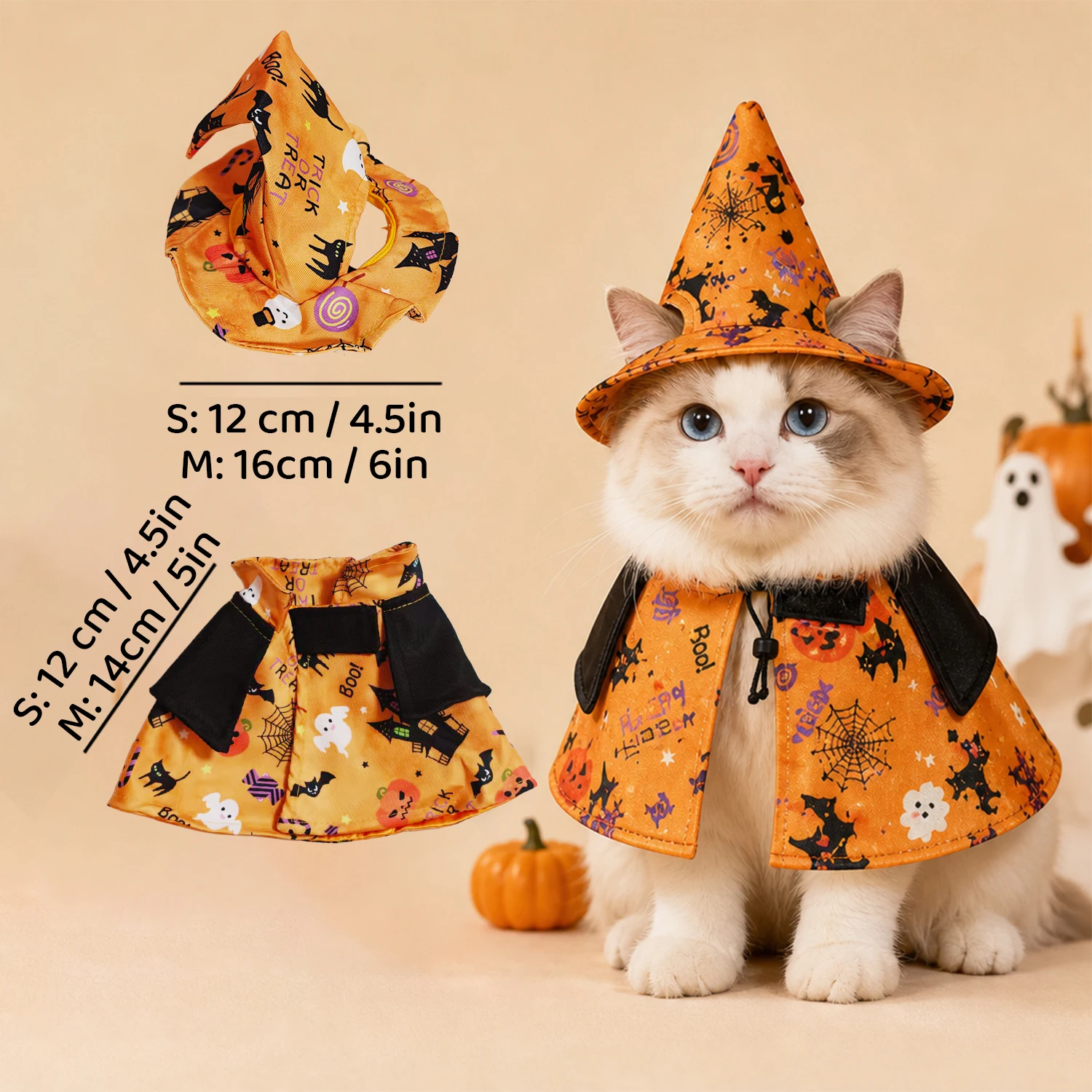Halloween-Hexenkostüm für Katzen und kleine Hunde, Hexenhut und bedrucktes Outfit, verstellbarer Kordelzug, Klettverschluss. – Detail 7