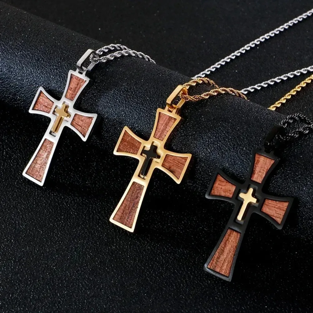 Church Baptism Wood Cross Pendant Necklaces for Men Bible Stainless Steel Christian Religious Jewelry 24Inch Chain
