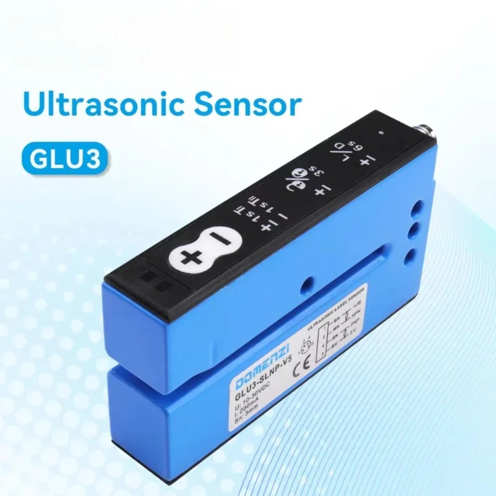 GLU3-SLNP-V5 Ultrasonic Slot Label Sensor PNP NPN 4-Pin M8 Connector Plug, Identifies All Label Labeler Sensors