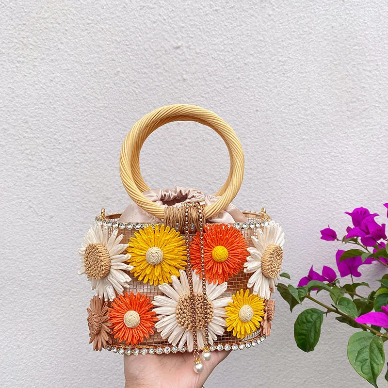 Sunflower Birdcage Women Handbag Metallic Diamond Basket Bags for Women Rattan Round Handle Shoulder Bag Luxury Evening Clutch - Image 5
