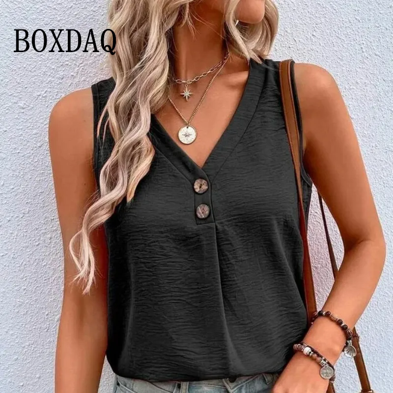 

V-Neck Solid Buttons T Shirts Sleeveless Summer Tops Casual Women Loose Vest Shirts Ladies Tank Black White Top Streetwear