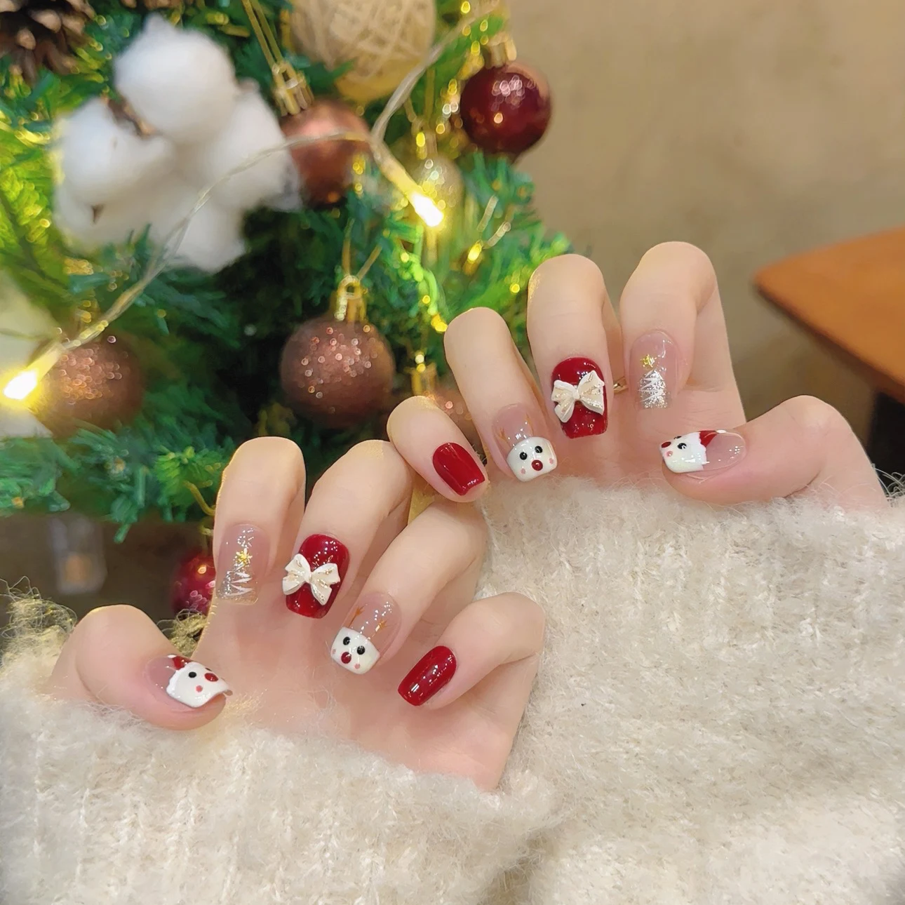 10pcs Christmas False Nails Ballet Snowmen Full Cover Manicure Christmas Reindeer Wearable Press On Nails Festival Gifts