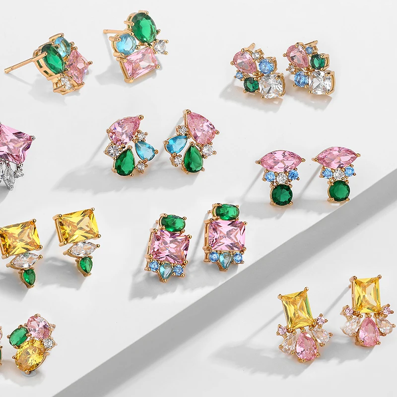 ZAKOL Fashion Yelllow Pink Zircon Flower Stud Earrings for Women Mutilcolor Cubic Zirconia girls earring Wedding Party Jewelry
