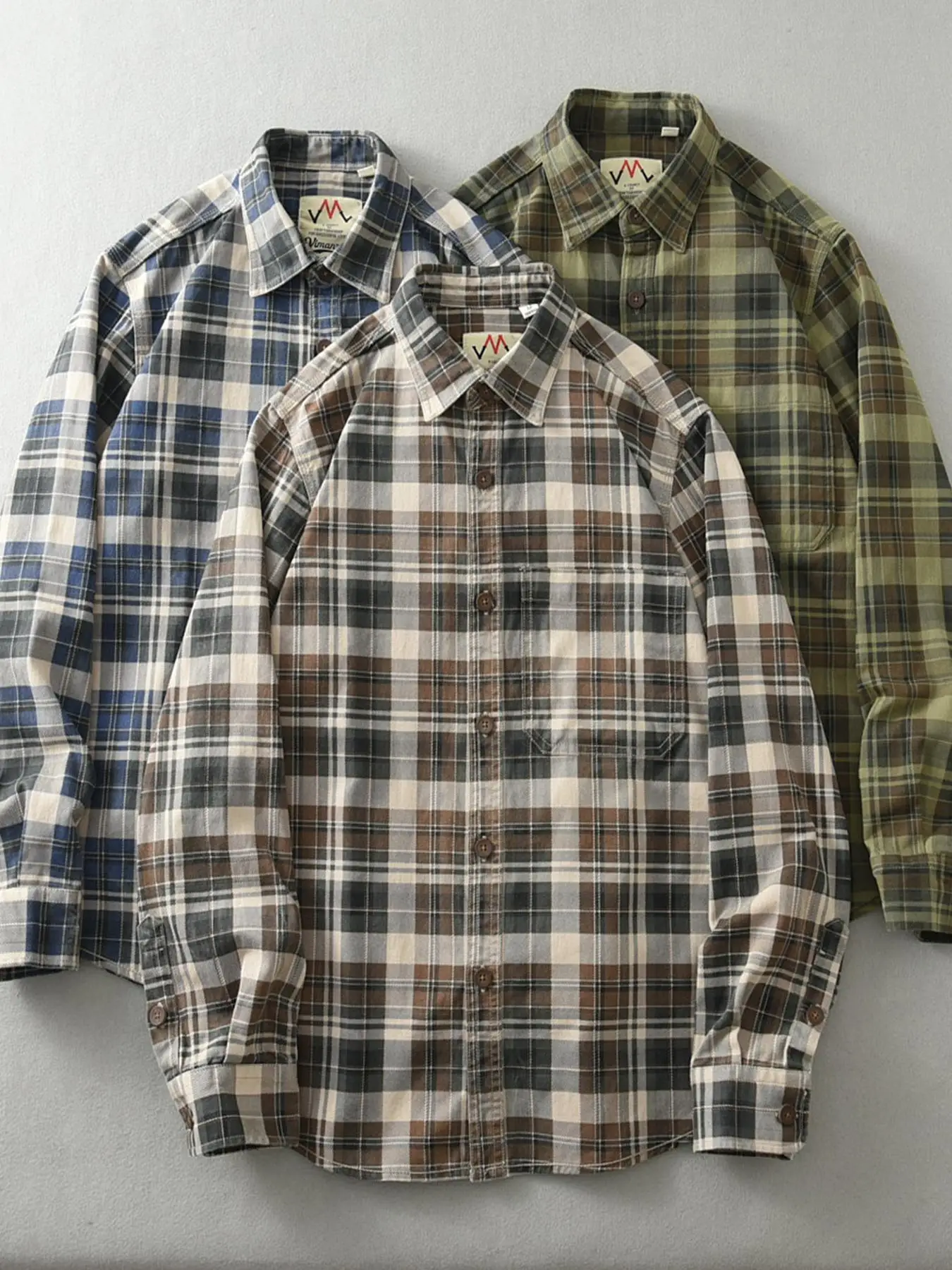 Spring And Autumn New American Retro Long-Sleeve Lapel  Cargo Plaid Shirt Men\'s Fashion Pure Cotton Washed Casual Blouses