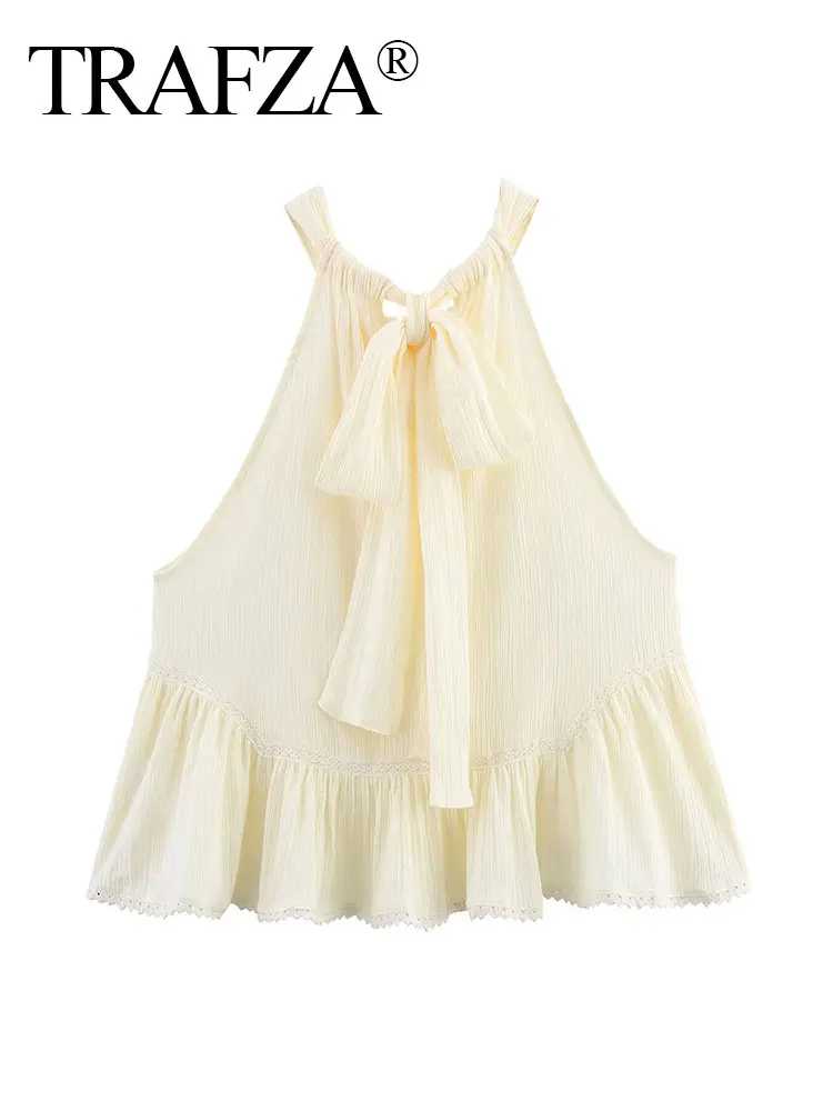 

TRAFZA Summer Women's Beach Holiday Causal Solid Color Embroidered Tulle Top Sleeveless O Neck Pleated Design Bow Tie Chic Tops