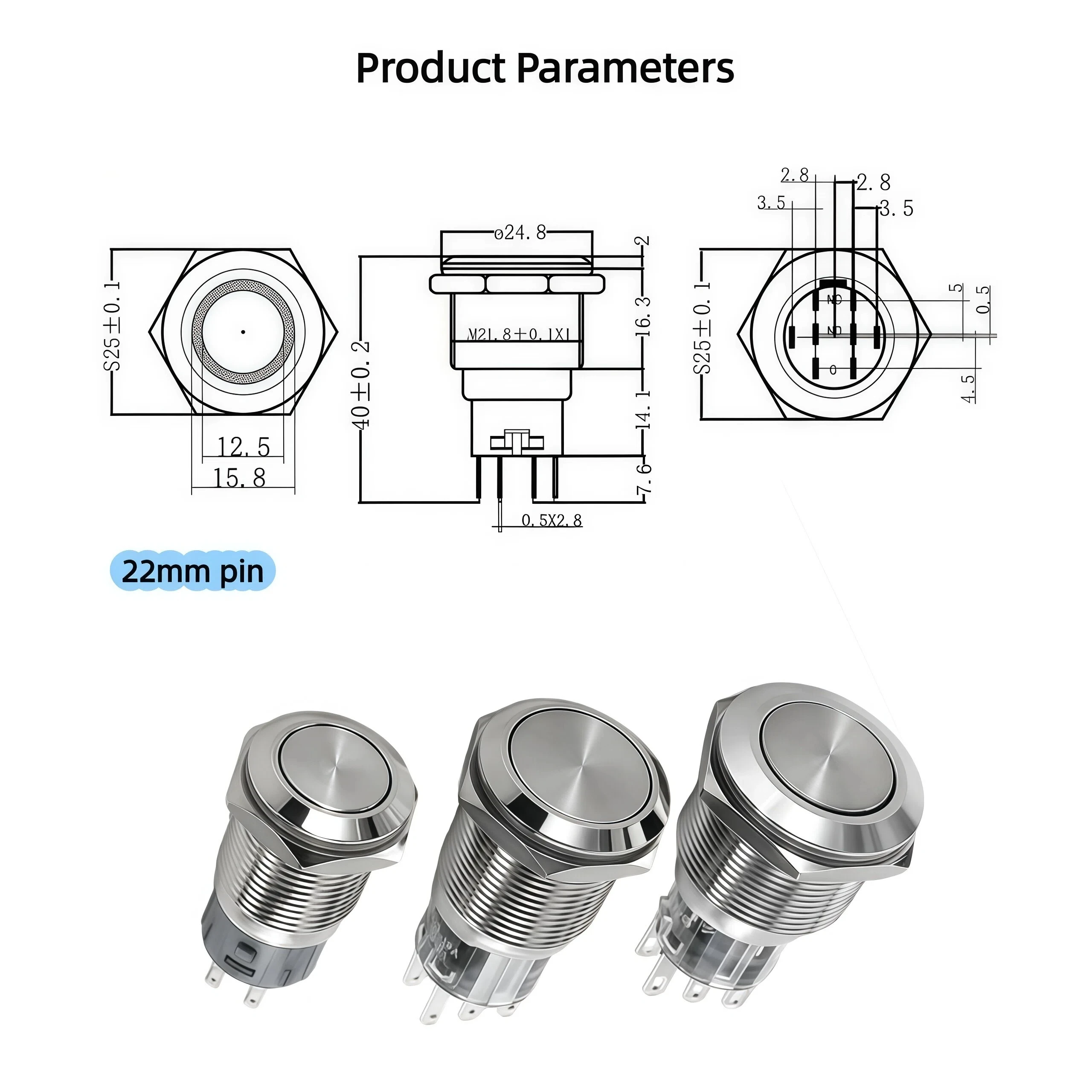 مفتاح زر معدني 16/19/22 مم، اثنان مفتوحان عادةً، اثنان مغلقان عادةً، 6/8 دبوس، قفل ذاتي مزدوج مقاوم للماء
