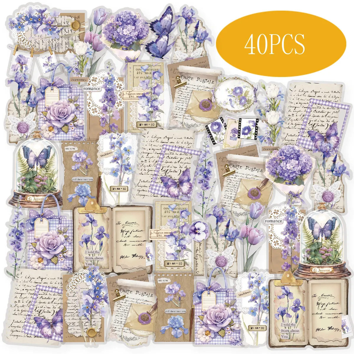 

Purple Blue Roland Letters with Floral Patterns Vintage Journal Stickers DIY Scrapbook Supplies, Gift Box Packaging
