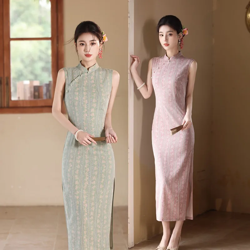 

Новое хлопково-льняное платье-ципао без рукавов в гонконгском и новом китайском стиле для девочек, весна-лето 2026, приталенное, повседневное, длинное