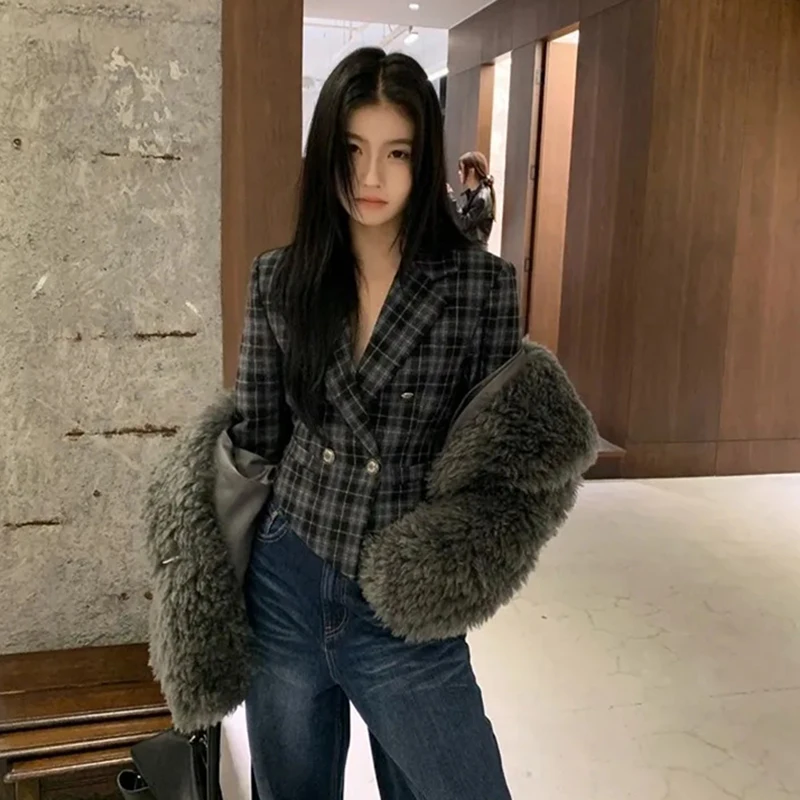 Vintage Plaid Cropped Blazers Women England Elegant Office Lady Slim Fit Suit Jacket Autumn Long Sleeve Button Asymmetry Coats