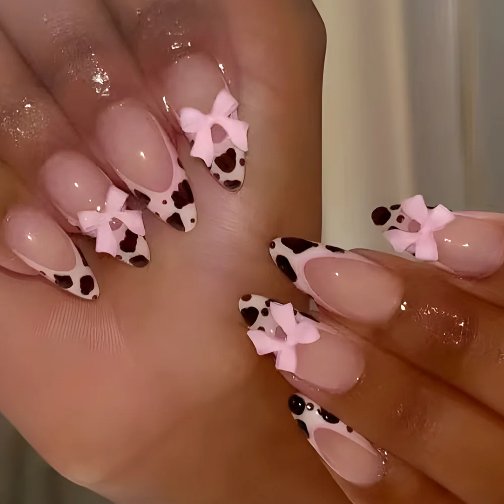 24 Uds uñas postizas de estilo francés rubor rosa almendra prensa en uñas tallado flor oro diamante diseño uñas postizas bailarina manicura