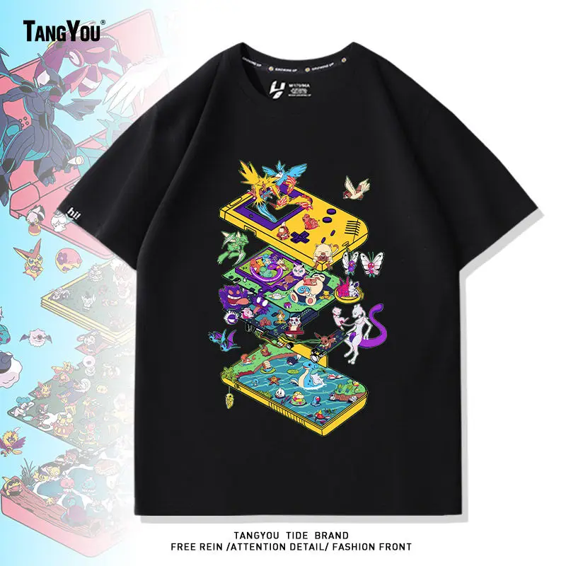 

Футболка с изображением покемонов, мужская повседневная футболка из чистого хлопка с круглым вырезом, одежда с короткими рукавами, летняя спортивная повседневная одежда с короткими рукавами, топ