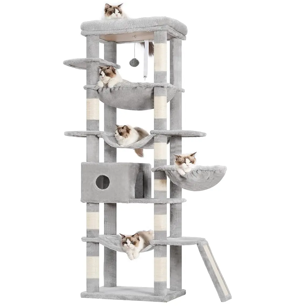 

Cat Tree, 69.3-Inches Multi-Level Plush Cat Tower For Indoor Cats With Large Top Perch, Extra Spacious Hammock, 2 Hammocks
