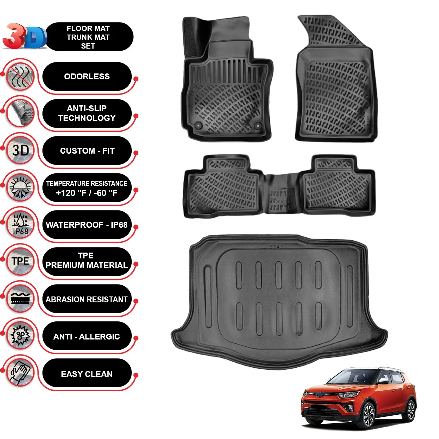 Ssangyong Tivoli - (2015-2023) - Floor Mats + Cargo Trunk Liner - SET - (Black)