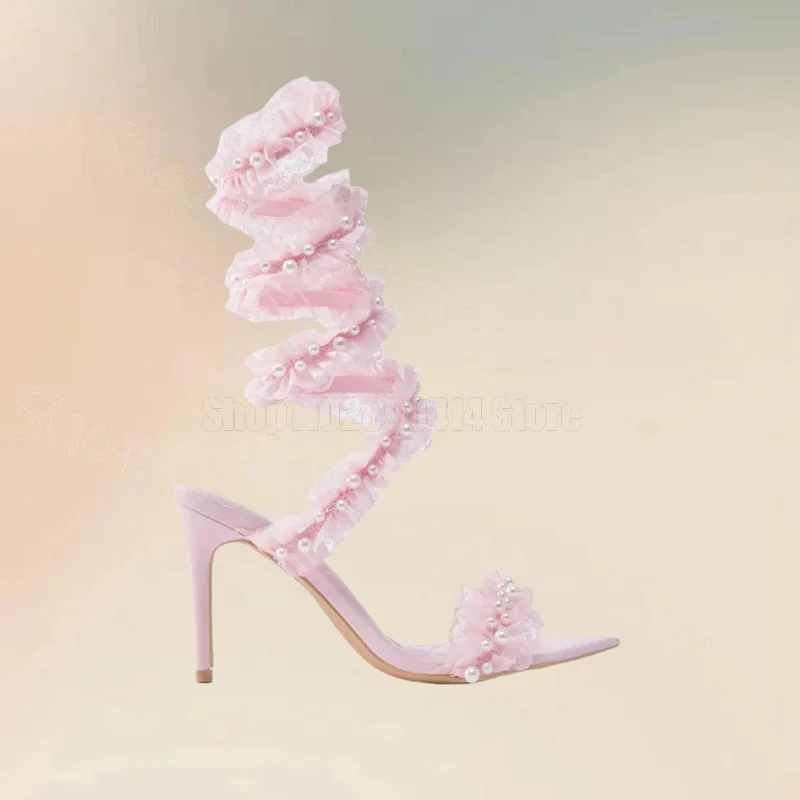 Sandalias de hilo con diseño de perlas Falbala de malla rosa, Zapatos sin cordones Para Mujer, tacones finos, punta abierta, para fiesta y citas, 2025