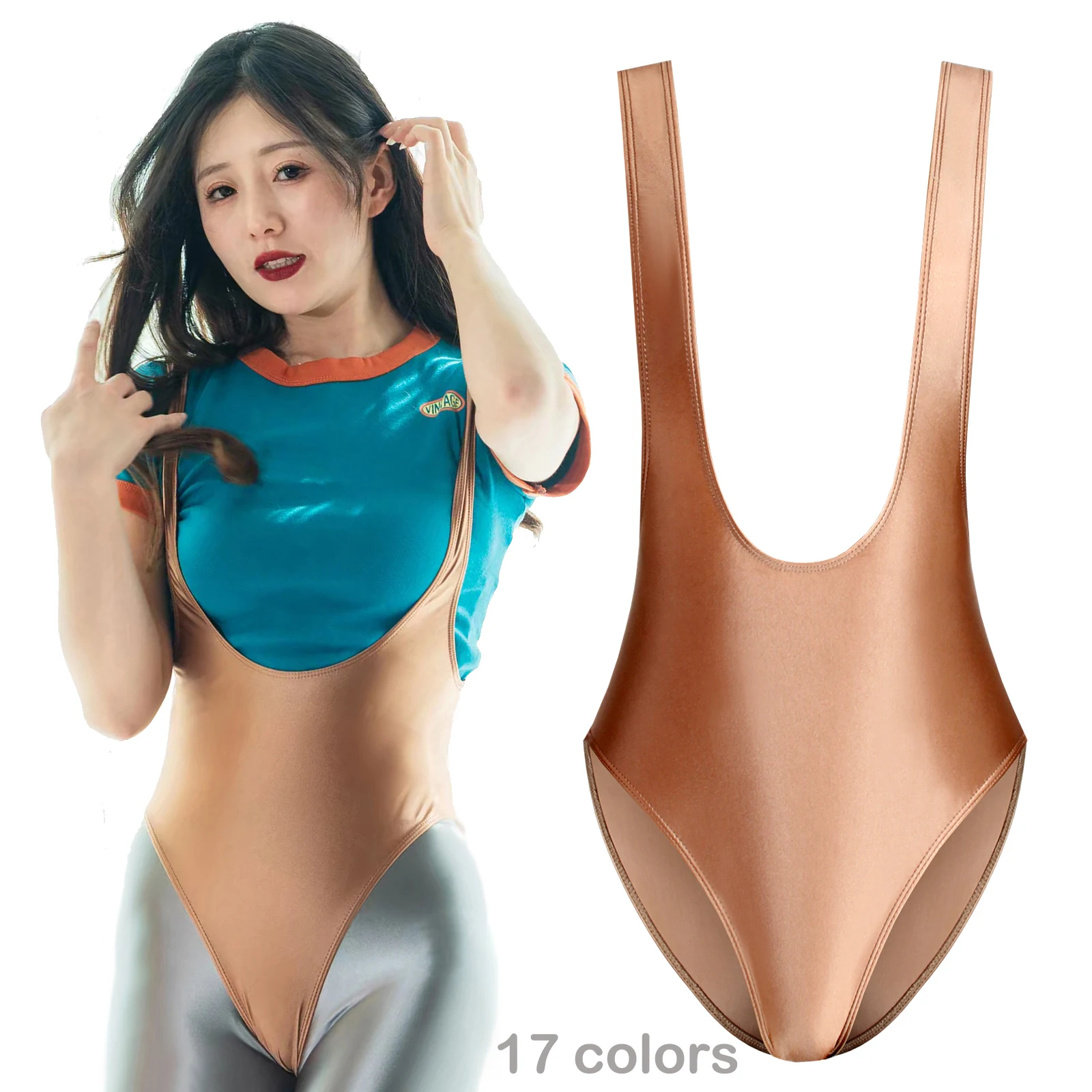 Women's Satin Glossy Leotards, Sexy High-Cut Bikini, Body Shaping Bodysuit, Beach Tights, Glitter Shiny, One Piece Swimwear