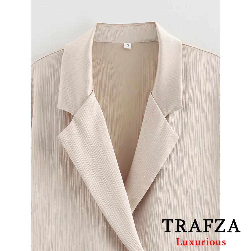 TRAFZA Casual Beige Shiny Women Blazer Suits V Neck Double Buttons Loose Blazer+High Waist Wide Leg Pants Fashion 2024 Suits