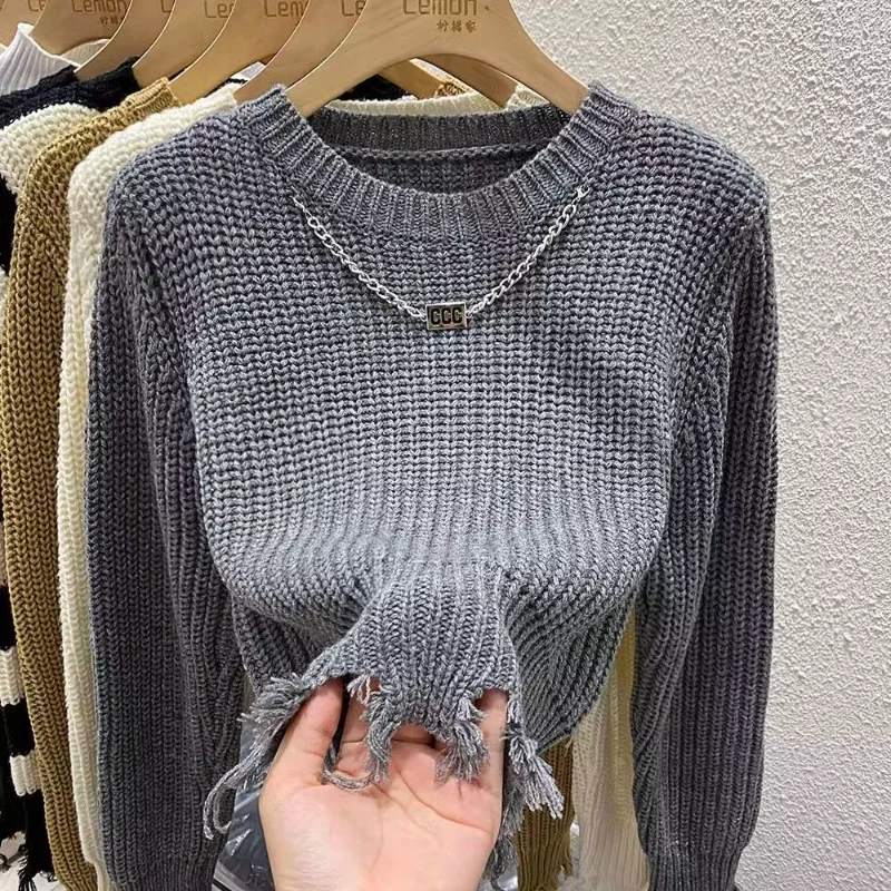 Round Neck Chain Tassel Burrs Ripped Top for Women Autumn Winter New Short High Waist Knitted Sweater