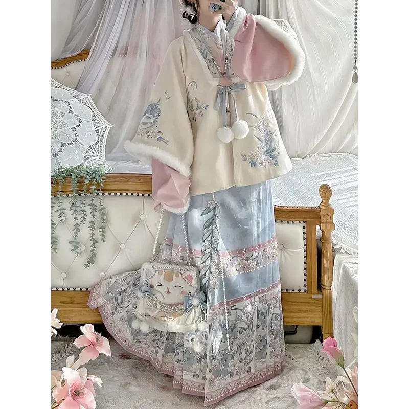 

Теплый женский костюм Hanfu в китайском стиле с вышивкой в стиле Мин, костюм с воротником, пальто с перекрестным воротником, зимняя новогодняя одежда Hanfu