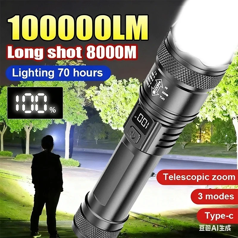 100000LM Super Bright Flashlight Type-C Rechargeable LED Torch Long Range Tactical Lamp for Outdoor Waterproof Camping Lantern