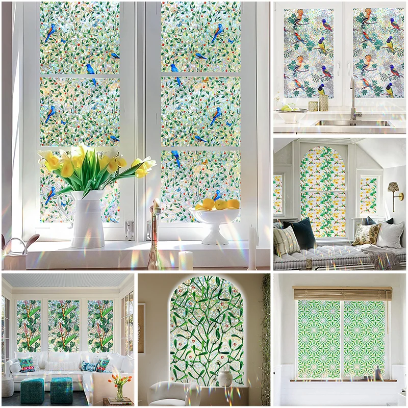 

Stained Glass Window Film Static Cling Door Privacy Film Decorative Flowers Green Leaves Window Decals Stickers For Home Office