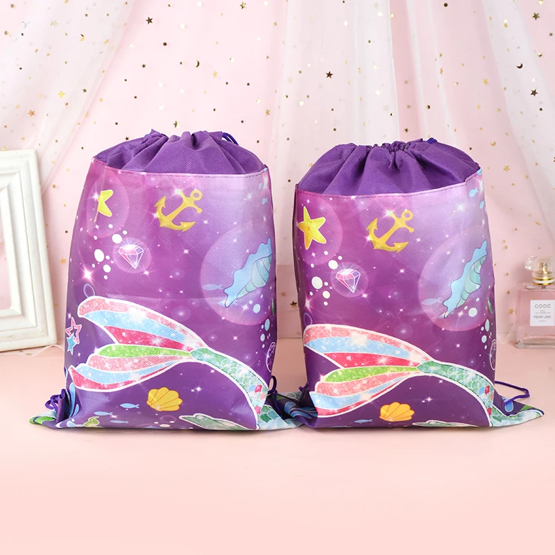 Mermaid Non Woven Gift Bag Portable Drawstring Candy Packaging Backpack Bag Birthday Baby Shower Birthday Party Decorations