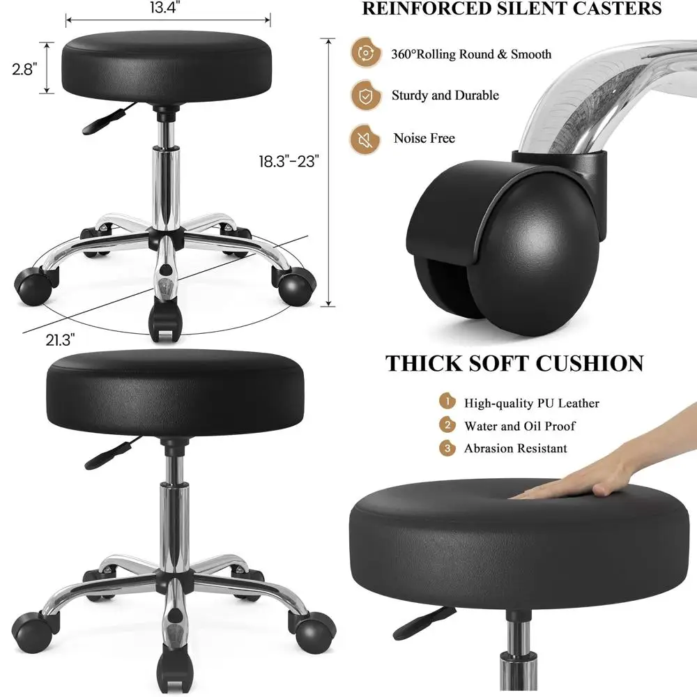 

Adjustable Swivel Rolling Stool with PU Leather Cushion for Shop, Spa, and Tattoo Parlor, Black and Silver