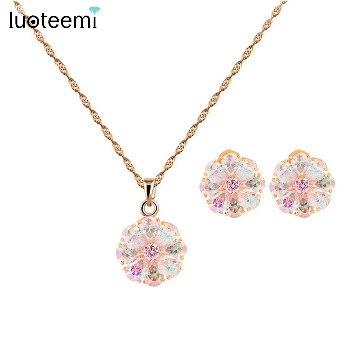 LUOTEEMI Romantic Pink Flower Rainbow Zircon Stones Set for Women Luxury Earring Necklace Girls Party Fashion Trend New Products