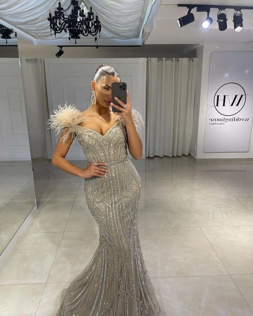 Dubai Feather Mermaid Evening Dress Luxury V Neck Beading Women Sleeveless Long Formal Prom Party Dresses Vestidos Noche