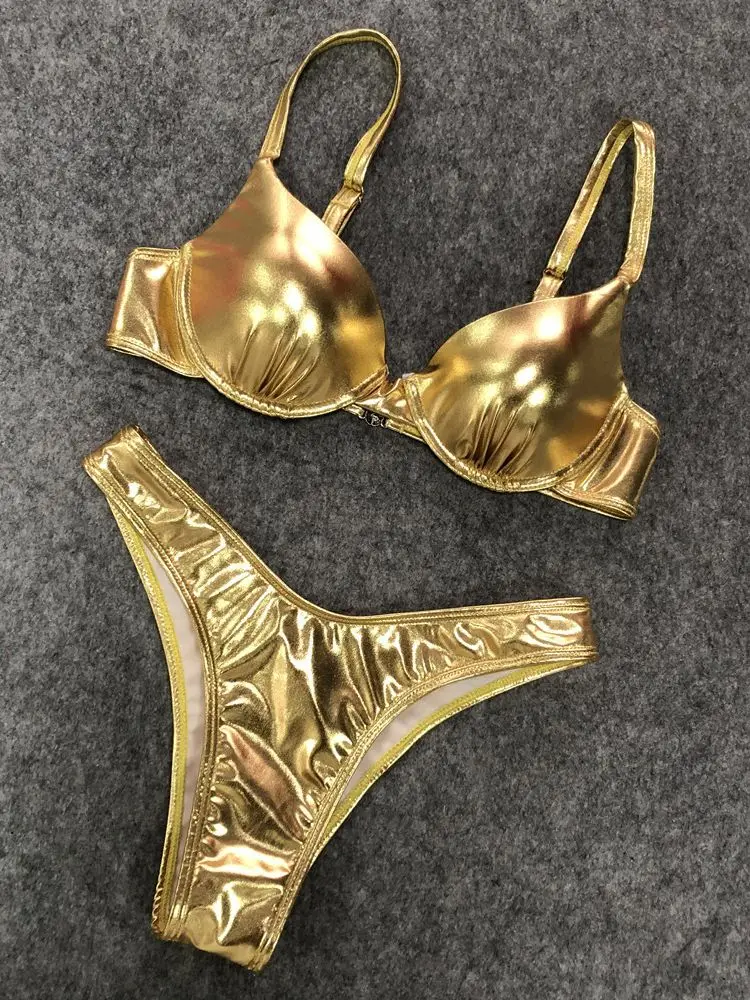 Sexy Metallic Brazilian Bikini Push Up Silver Golden Swimsuit Female Bathers Bandage Swimwear Women 2021 Summer Bathing Suit